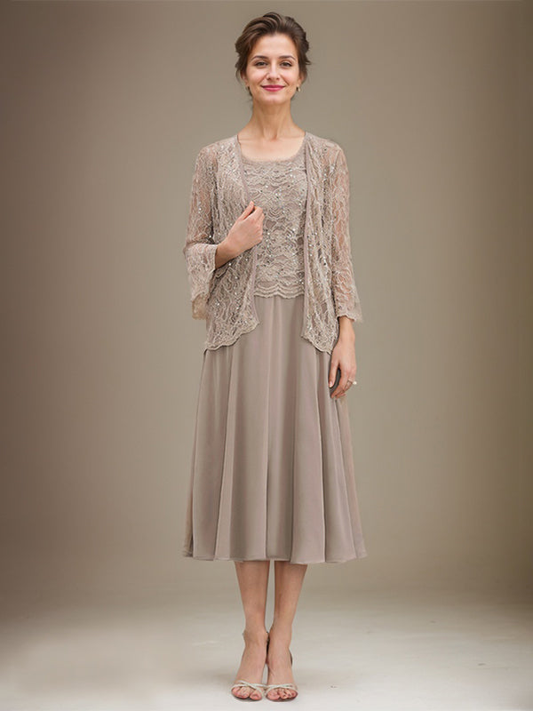 A-line Scoop Tea-Length Lace Chiffon Mother of the Bride Dress With Sequins - VelvetHem