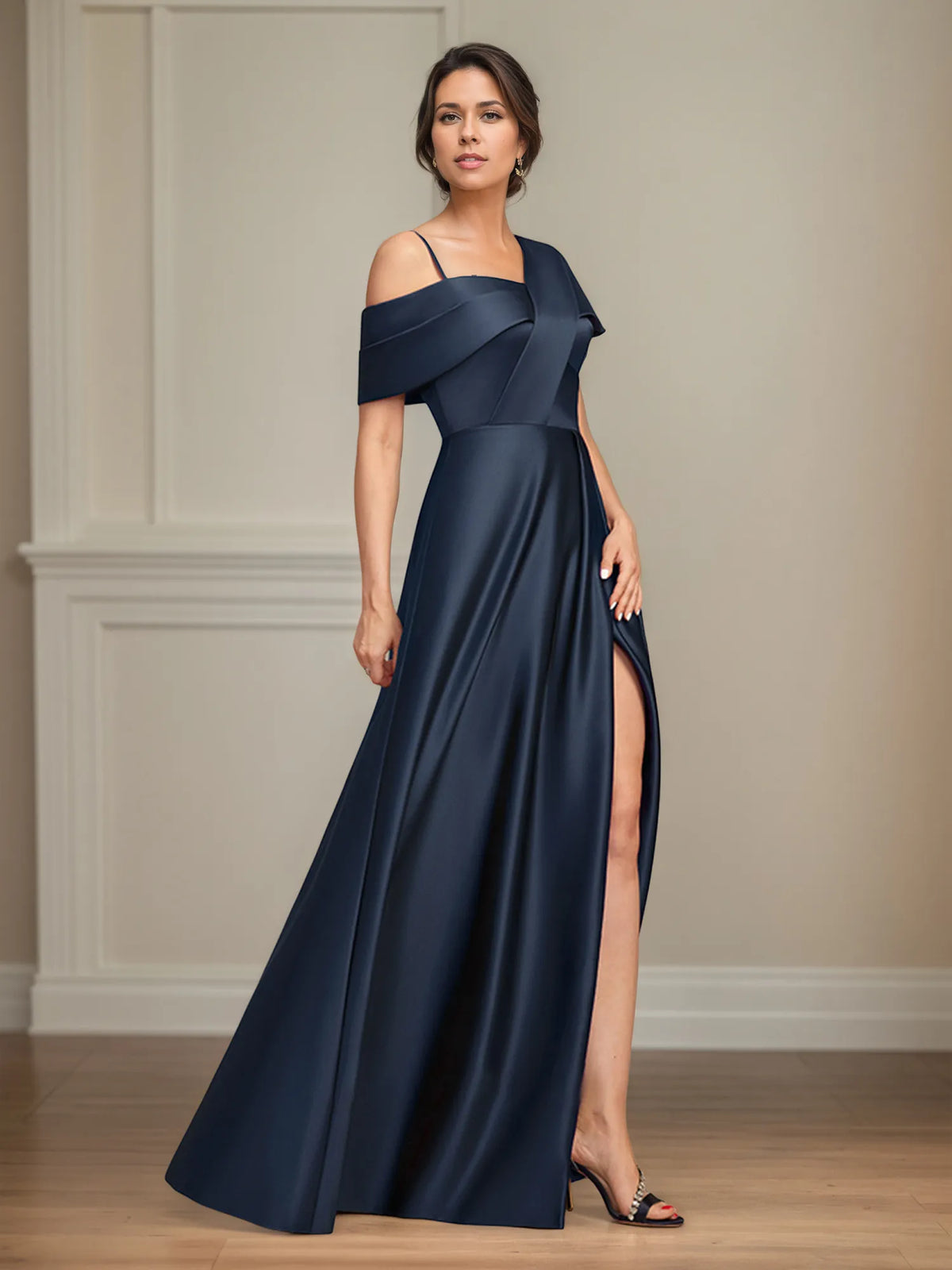 A-Line Asymmetrical Floor-Length Satin Mother of the Bride Dress With Pleated - View 4 | FashionDia