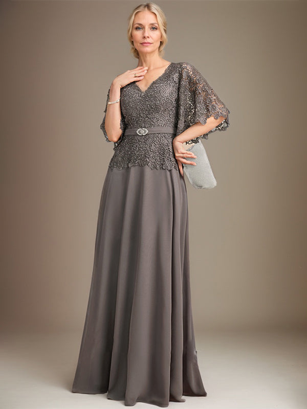 A-line V-Neck Floor-Length Chiffon Lace Mother of the Bride Dress With Crystal Brooch Rhinestone - View 3 | FashionDia