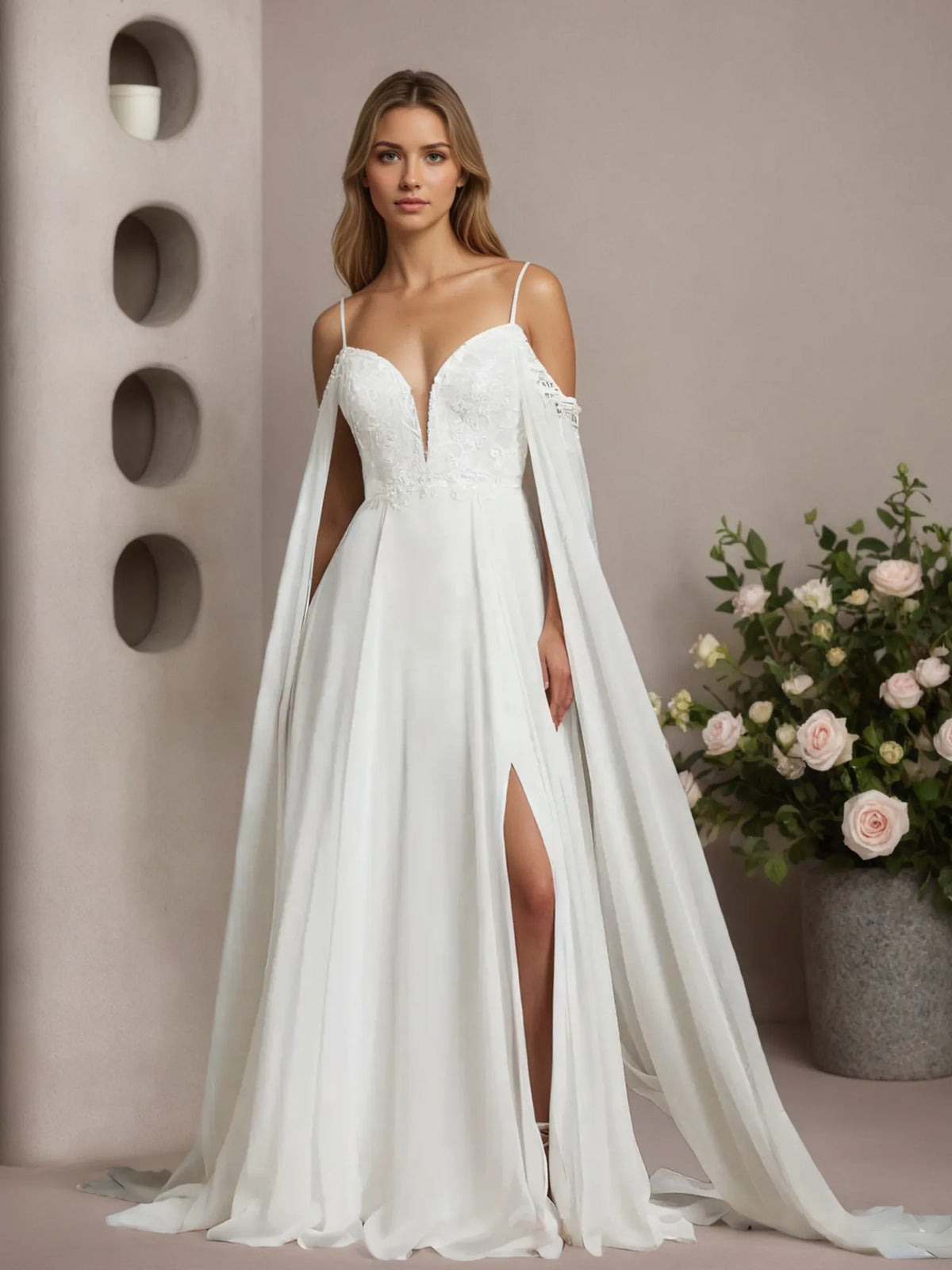 White A-Line Off-the-Shoulder Sleeveless Sequins Chiffon Wedding Dress - View 3 | FashionDia