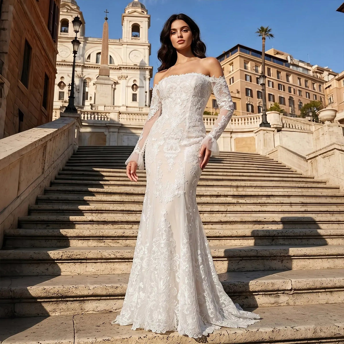 Off White Lace Stunning Feminine Mermaid Wedding Dress Train ZP036