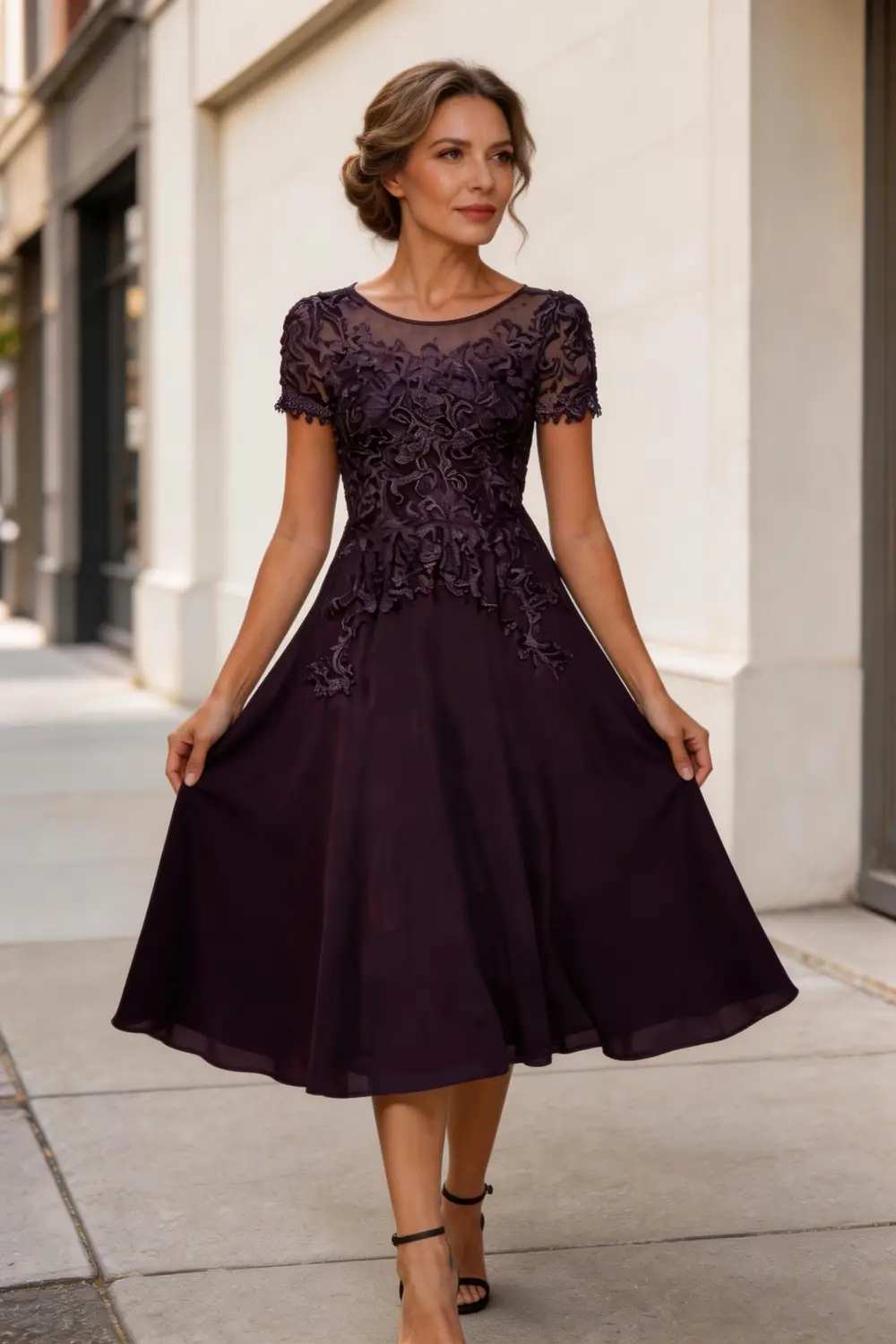 Plum Purple Lace Chiffon Tea Length Dress For Mother Of The Bride (ZD17158)