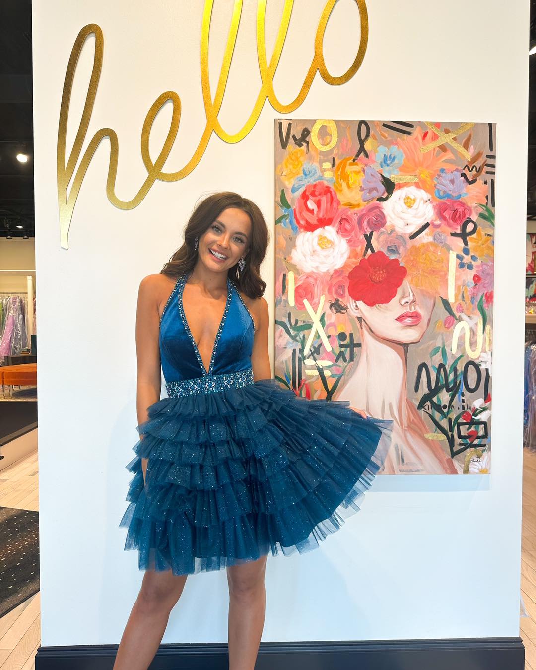 Stylish A-Line Halter Neck Blue Short Homecoming Dress with Beading Ruffles - FashionDia
