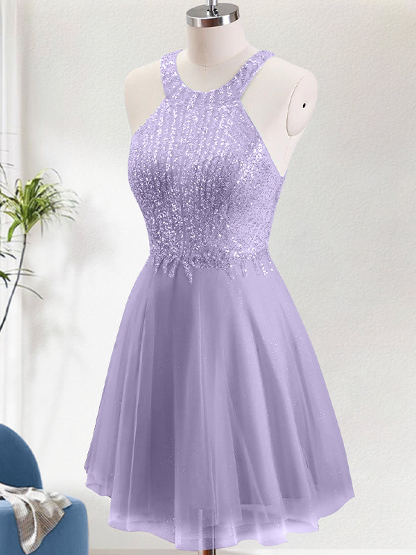 Sparkly A Line Neck Holder Short Homecoming Dress with Lace Applique