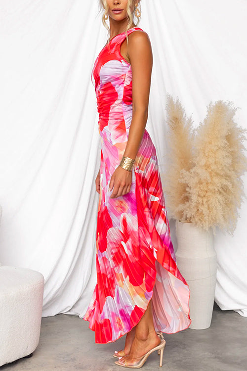 One Shoulder Sleeveless Print Asymmetric Maxi Pleated Dress - Fashionpara