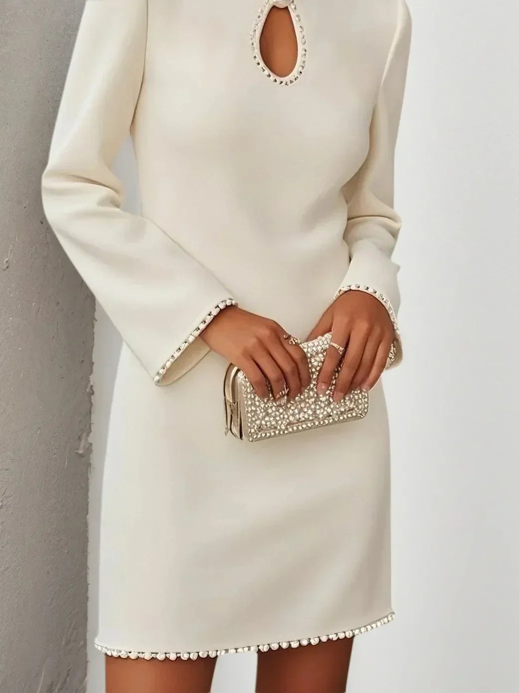 White Pearl Hollow Out Classic Crew Neck Long Sleeve Sheath/Column Mini Dress - View 3 | FashionDia