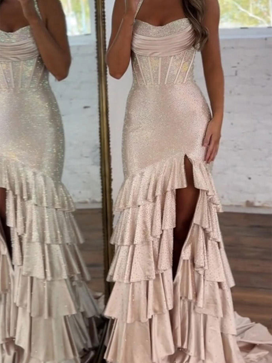 Red Shimmer Halter Tiered Ruffle Long Prom Dress with Slit - View 7 | FashionDia