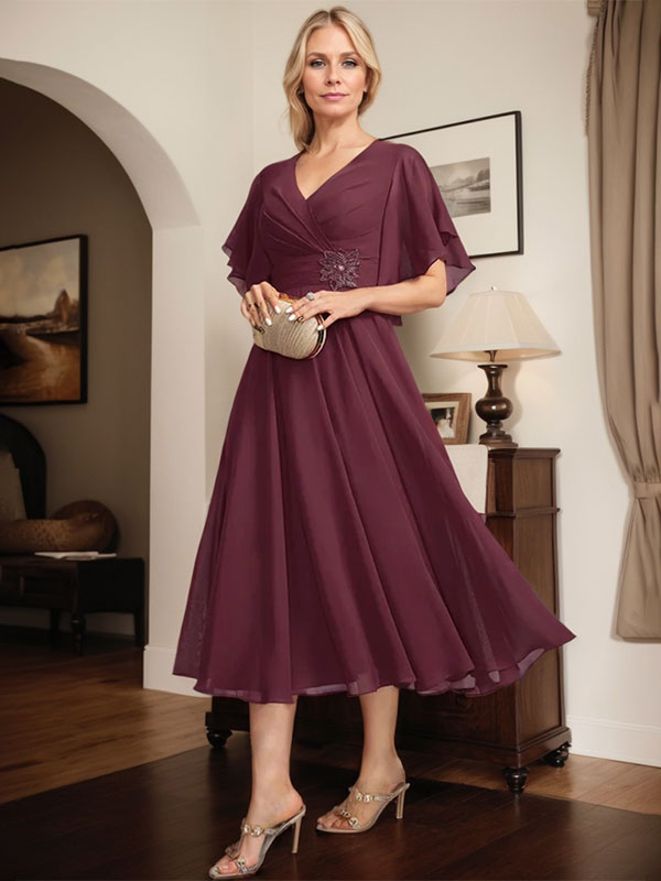A-line V-Neck Tea-Length Chiffon Mother of the Bride Dress With Pleated Beading - View 6 | FashionDia