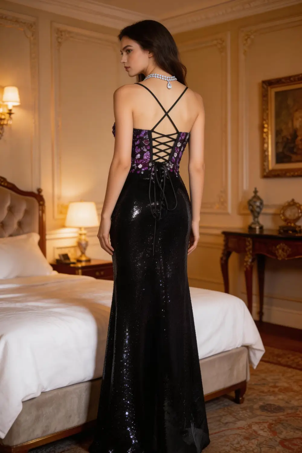 Black Sequin Mermaid Prom Dress With Purple Floral Embroidery High Slit (ZD17128)