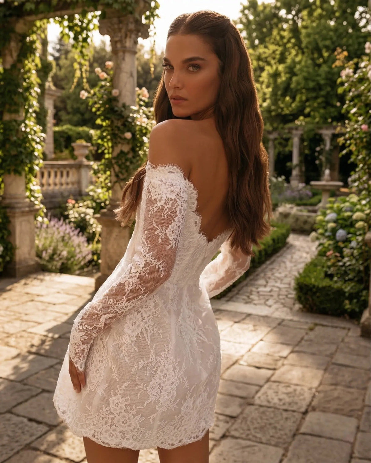 Luxury Ivory Off-the-Shoulder Long Sleeve Lace Mini Wedding Dress ZP134