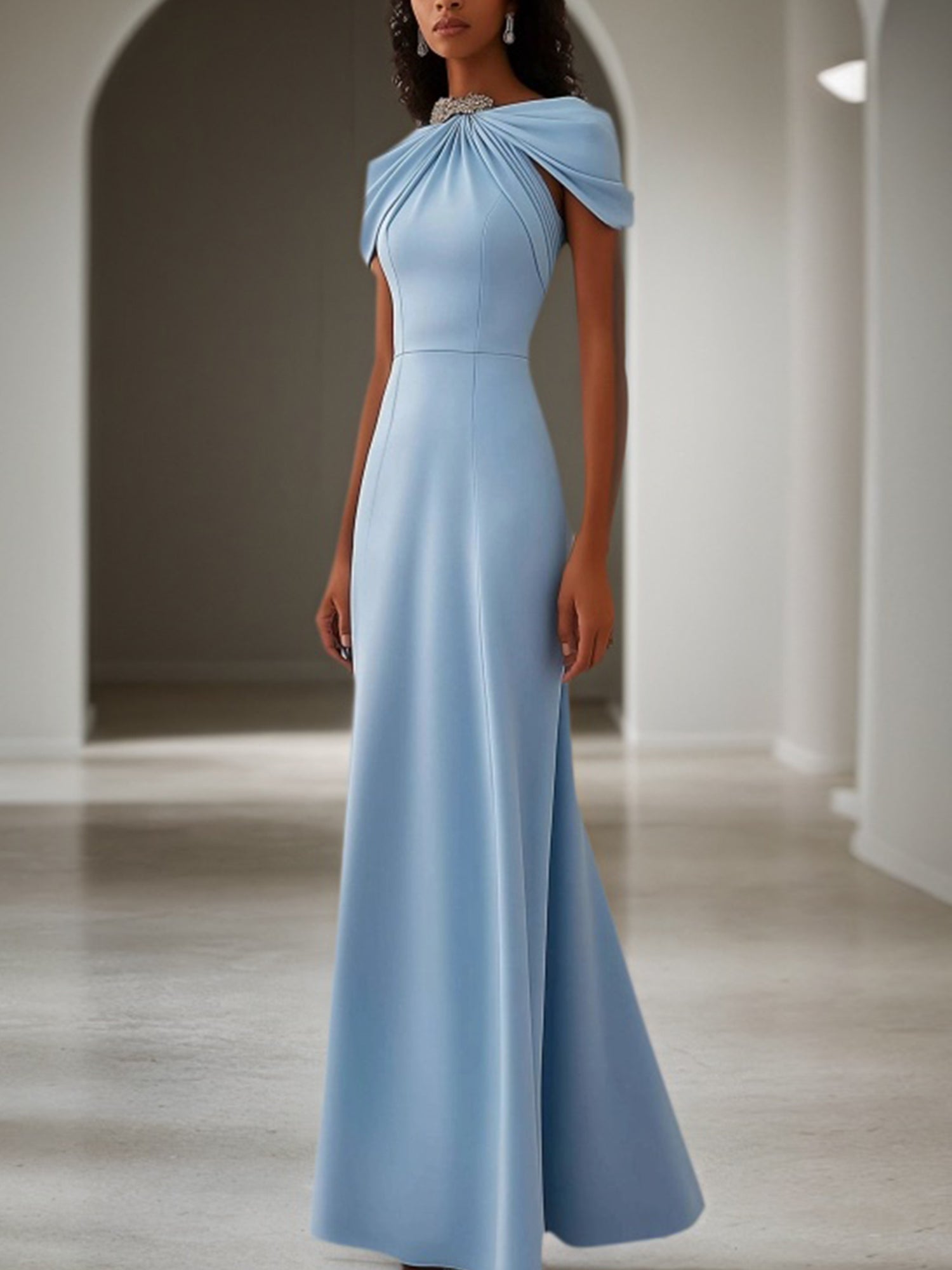 Wedding Guest Formal Dress Light Blue Crystal Embellished Maxi Dress - VelvetHem
