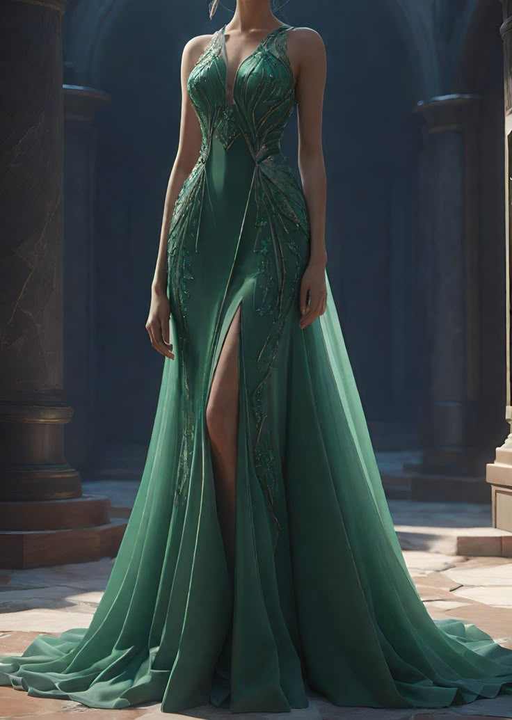Sexy V-Neck green Satin Chiffon Appliques Evening Dress,Mermaid Slit Party Prom Dress - FashionDia