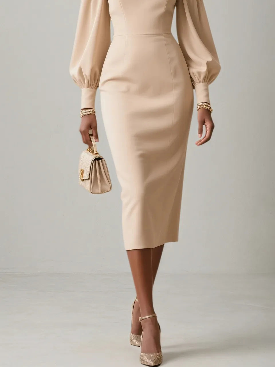 Apricot Applique Floral Classic Crew Neck Long Sleeve Balloon Sleeve Sheath Midi Dress - View 3 | FashionDia
