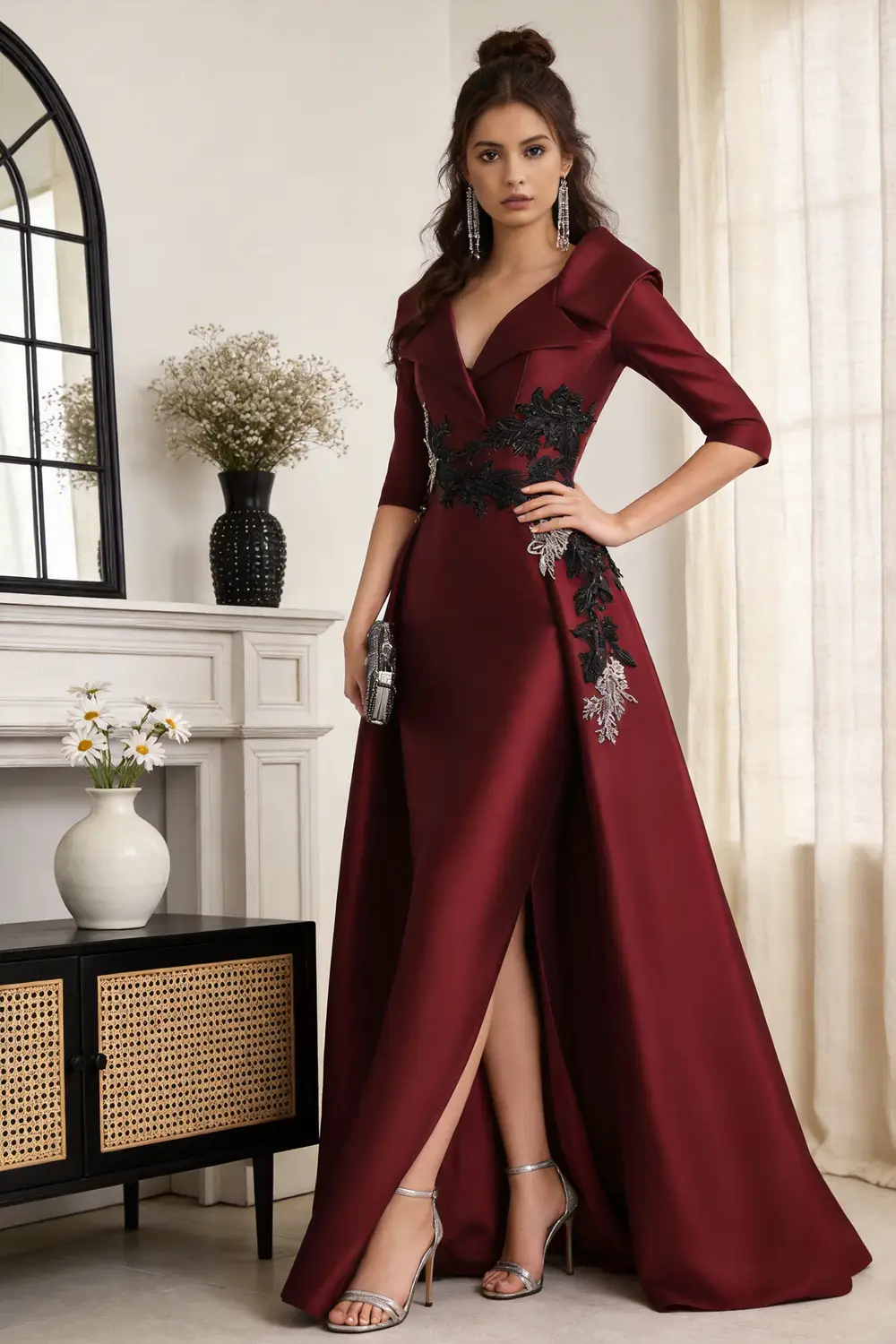 Burgundy Satin Mermaid Evening Gown With Floral Embroidered Lace Overskirt (ZD17147)