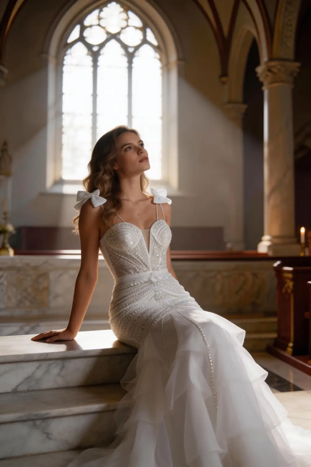White Beaded Mermaid Wedding Dress With Deep V Neck And Ruffle Skirt (ZD17130)