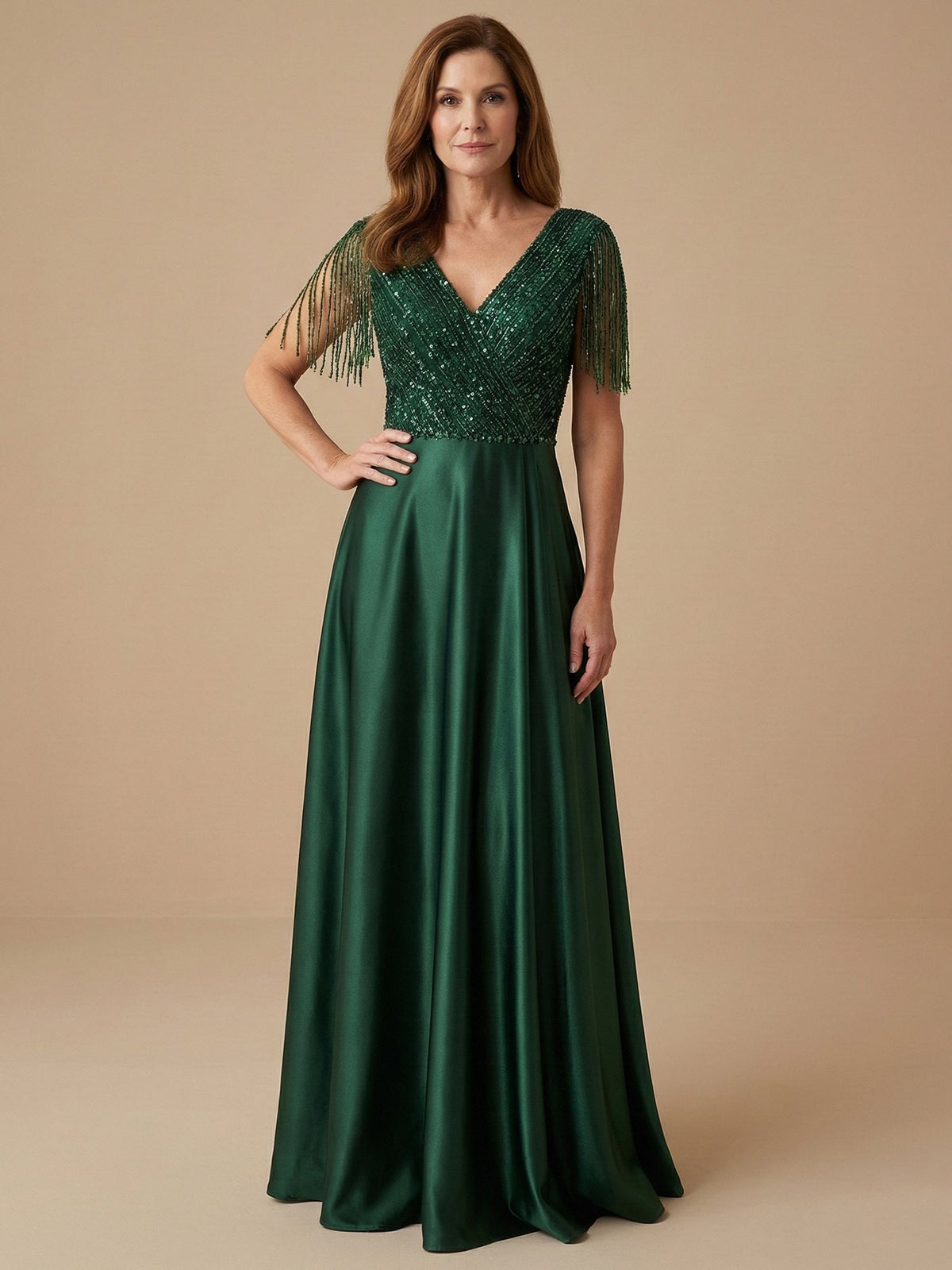 Tassel V-Neck A-Line Sparky Sequins Mother of the Brides Dresses - View 7 | FashionDia