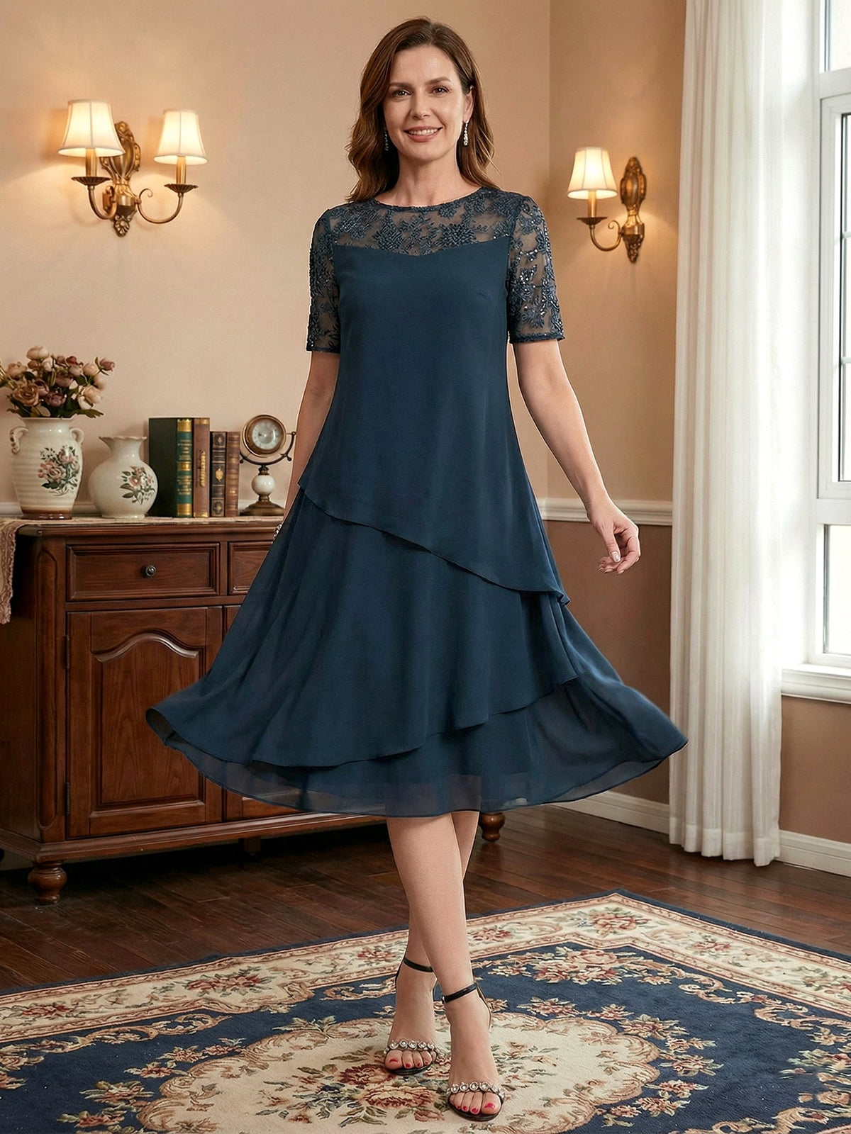 A-line Scoop Illusion Knee-Length Lace Chiffon Mother of the Bride Dress With Sequins - View 3 | FashionDia