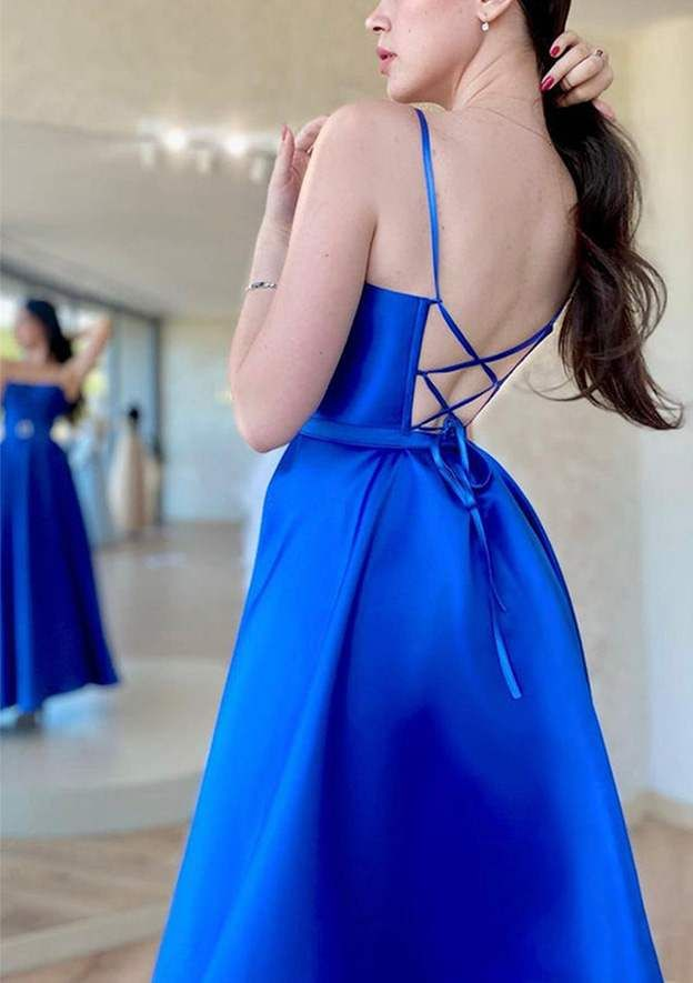 Ankle-Length Satin Prom Dress/Evening Dress with A-Line Square Neckline and Spaghetti Straps Waistband Y6219 - View 2 | VelvetHem