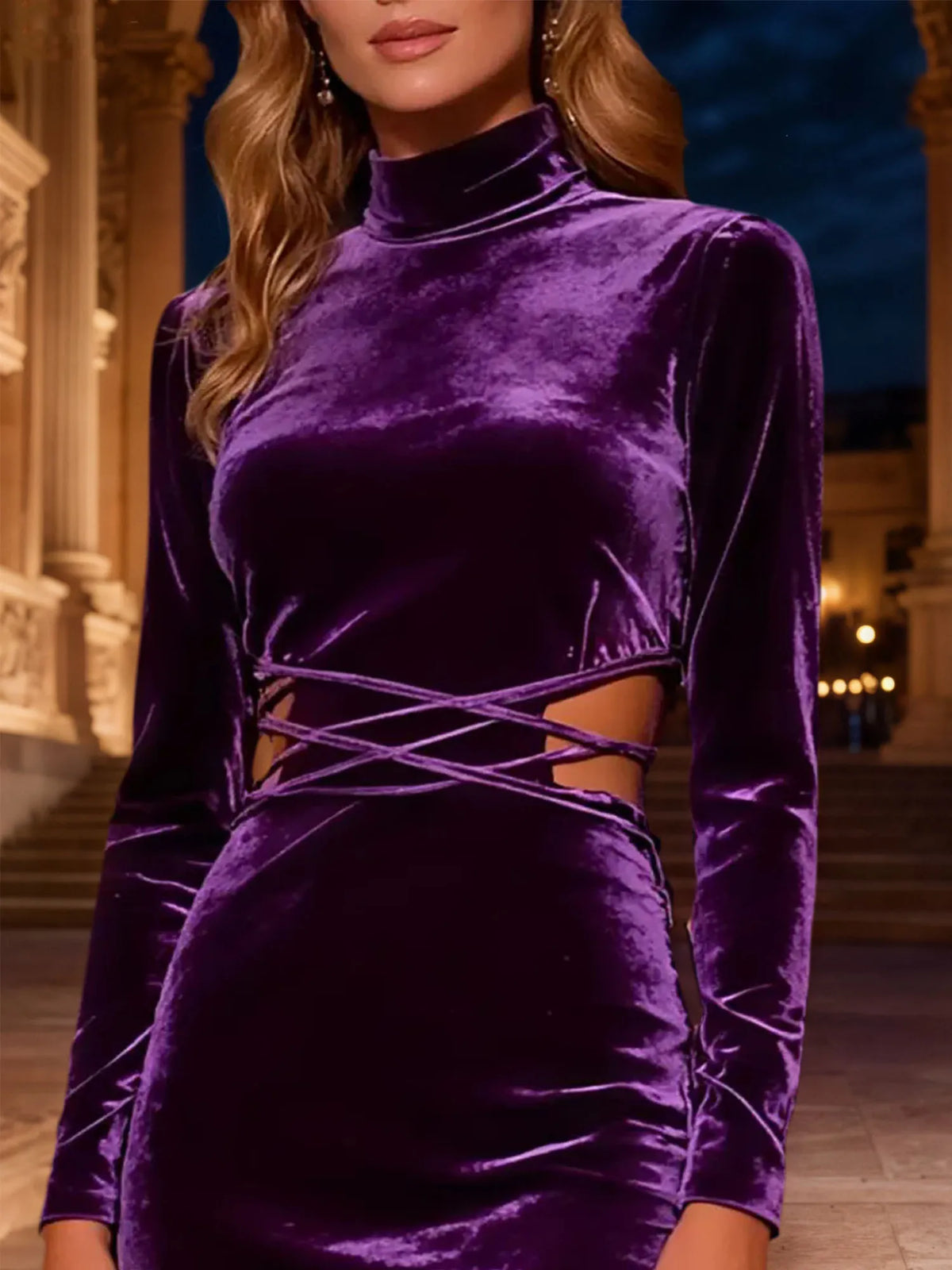 Purple Mermaid High Neck Long Velvet Holiday Party Dress - View 3 | FashionDia