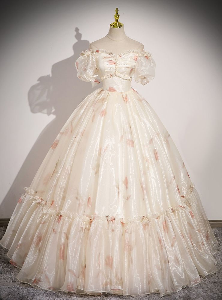 Cute Off The Shoulder Tulle Print Floral A Line Ball Gown Long Prom Dress