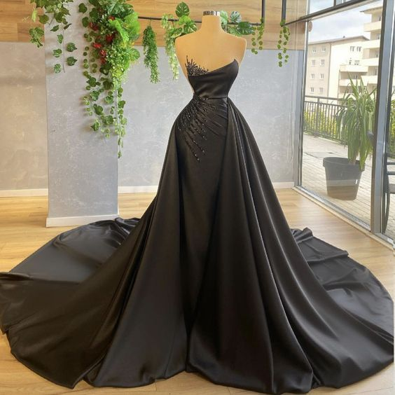 Black Detachable Train Prom Dresses For Women Beading Pleated Evening Dresses Y6676 - VelvetHem