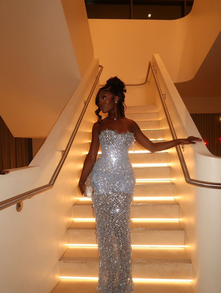 Glitter Sky Blue Strapless Sequin Beaded Sheath Long Party Dress Evening Gown