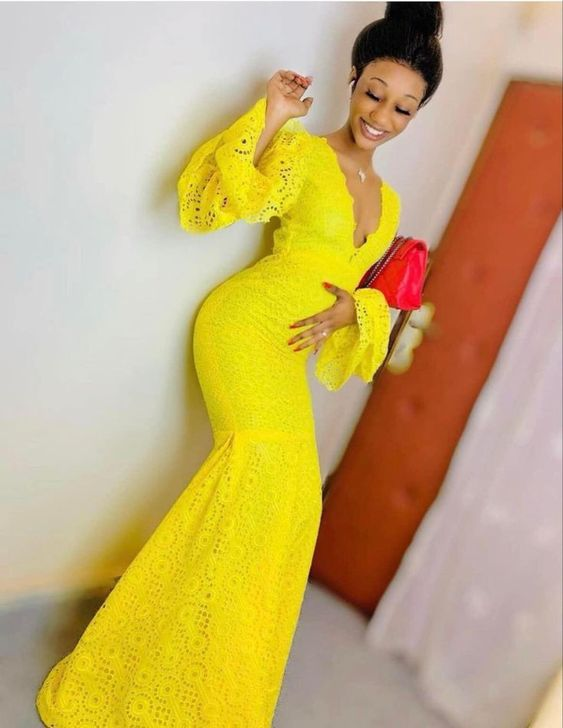 Yellow Lace Mermaid V Neck Prom Dress,Yellow Formal Gown
