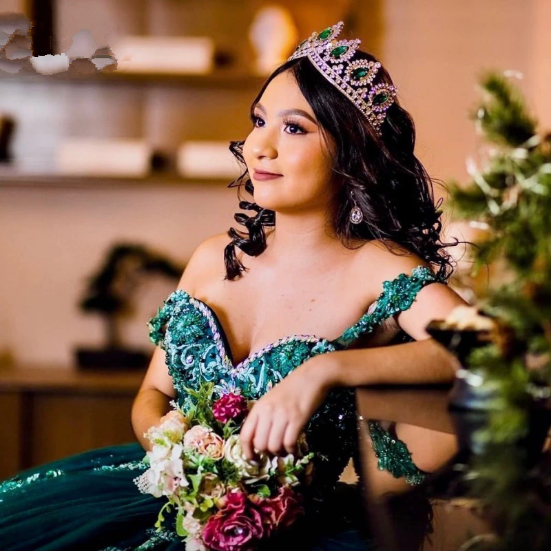 Dark Green Quinceanera Dress Sweet 16 Dress Sequined Beaded Dress Ball Gown - View 3 | FashionDia