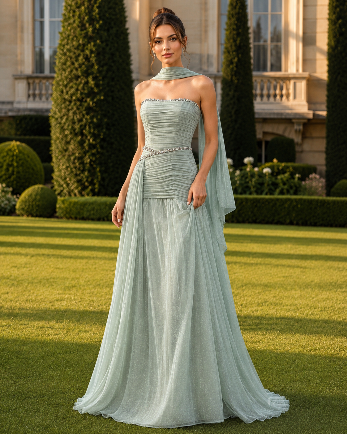 Charming Strapless Sleeveless Chiffon Prom Dresses Floor-Length Gem Pleats With Lace-Up Back