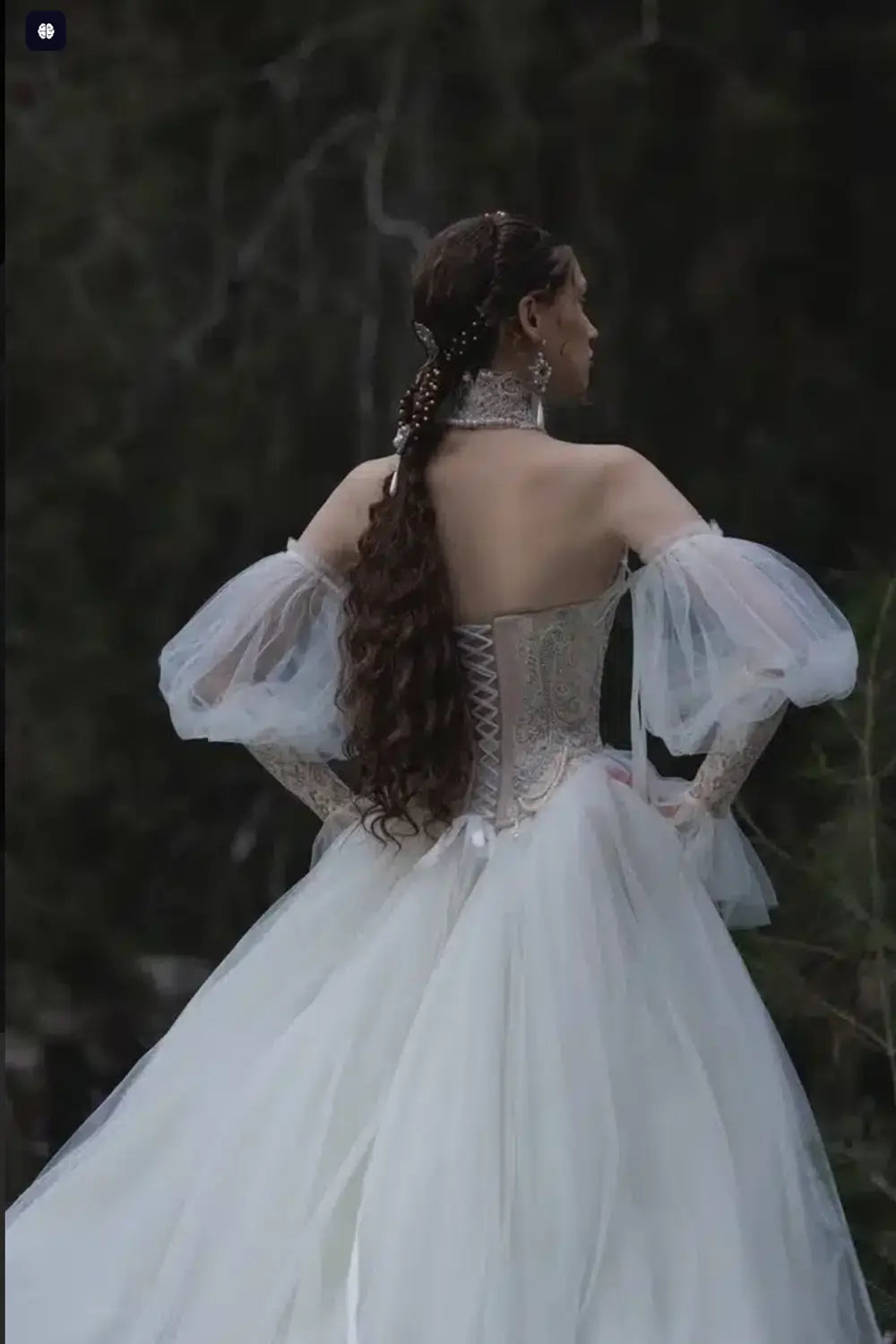 White Draped Pearl Tulle Ball Gown Bridal Dress with Puff Sleeves ZP205 - View 3 | VelvetHem