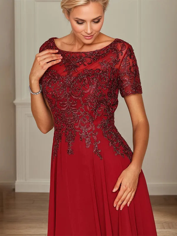 A-Line Chiffon Boat Neck Short Sleeves Floor-Length Mother of the Bride Dresses - View 3 | FashionDia