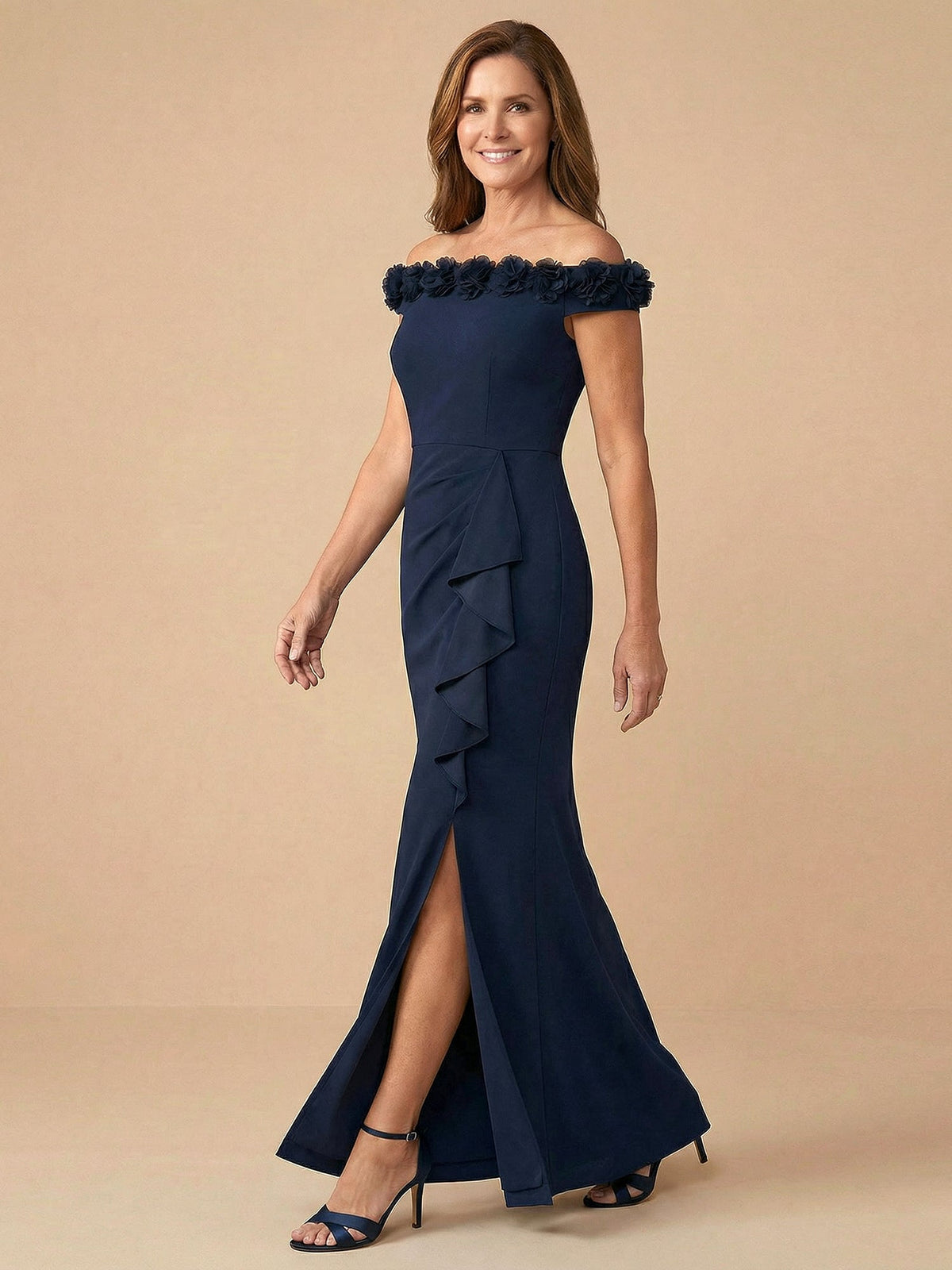 Off-the-Shoulder 3D Flower Mermaid Satin Mother of the Bride Dress with Ruffle - View 3 | FashionDia