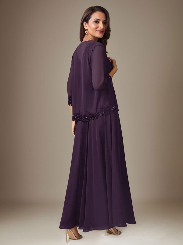 Plum A-Line Sequins Chiffon Dress - View 3 | FashionDia
