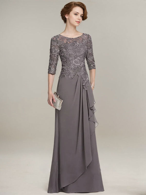 A-line Scoop Illusion Floor-Length Lace Chiffon Mother of the Bride Dress With Cascading Ruffles - View 3 | FashionDia