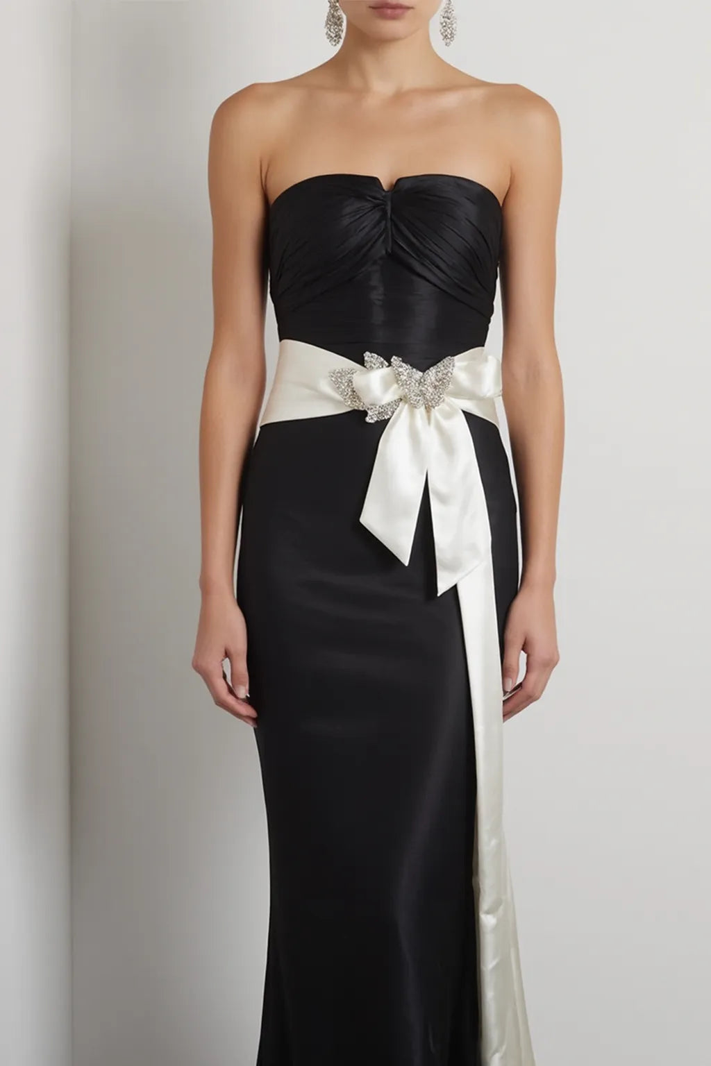 Elegant Evening Dress Satin Strapless Mermaid White Belt Rhinestone Dress - View 2 | FashionDia