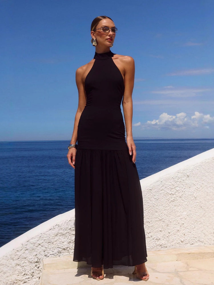 Tulle Hanging Neck Panel Evening Gown