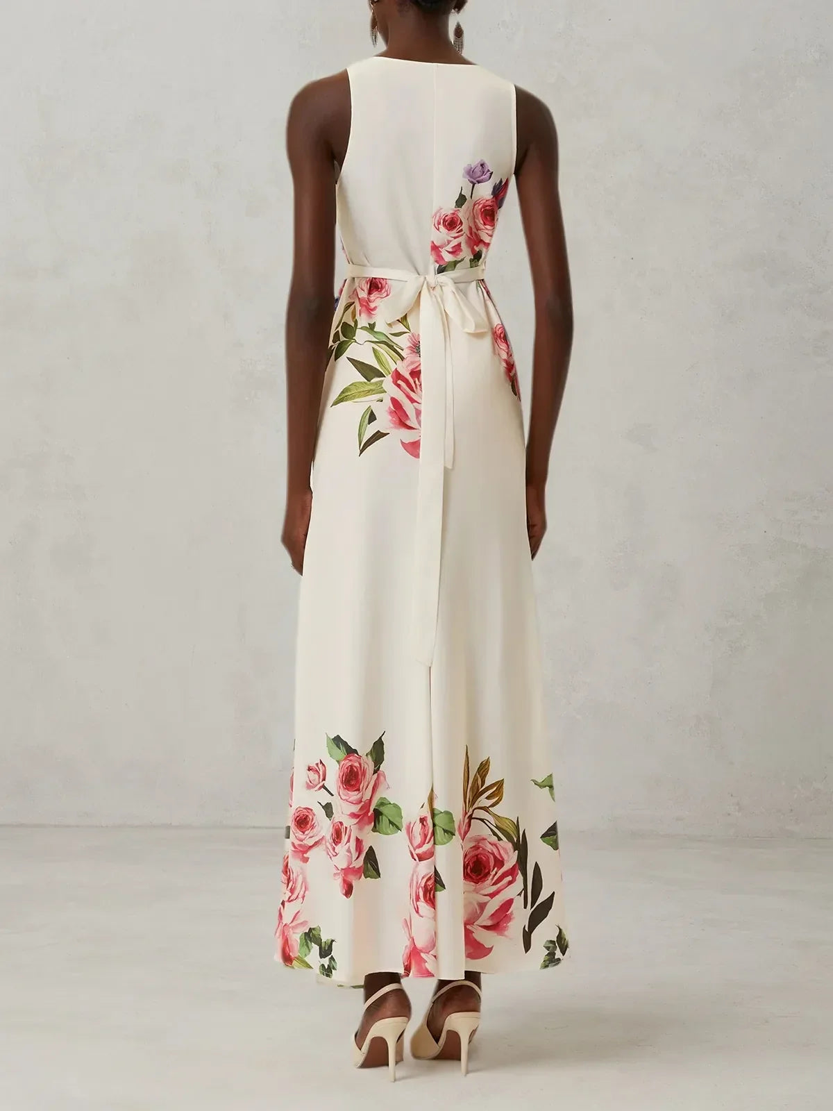 Pink Cross Floral Wrap Dress V Neck Sleeveless Mermaid Gown Dress