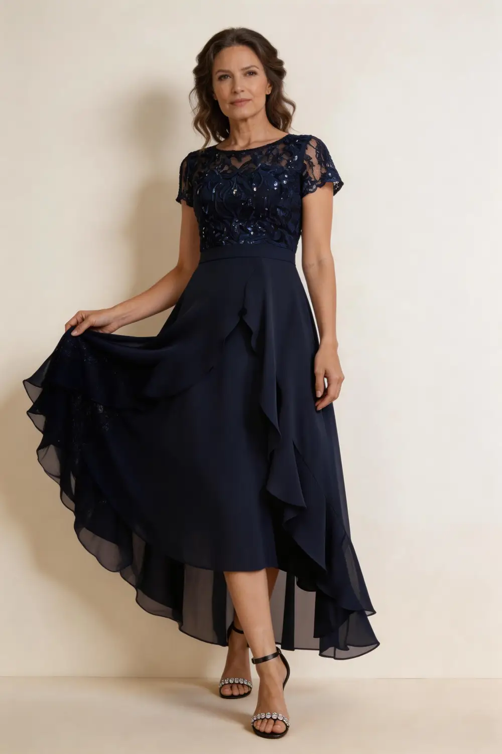 Navy Blue Lace Sequin Bodice Chiffon High Low Mother of the Bride Dress (ZD17161)