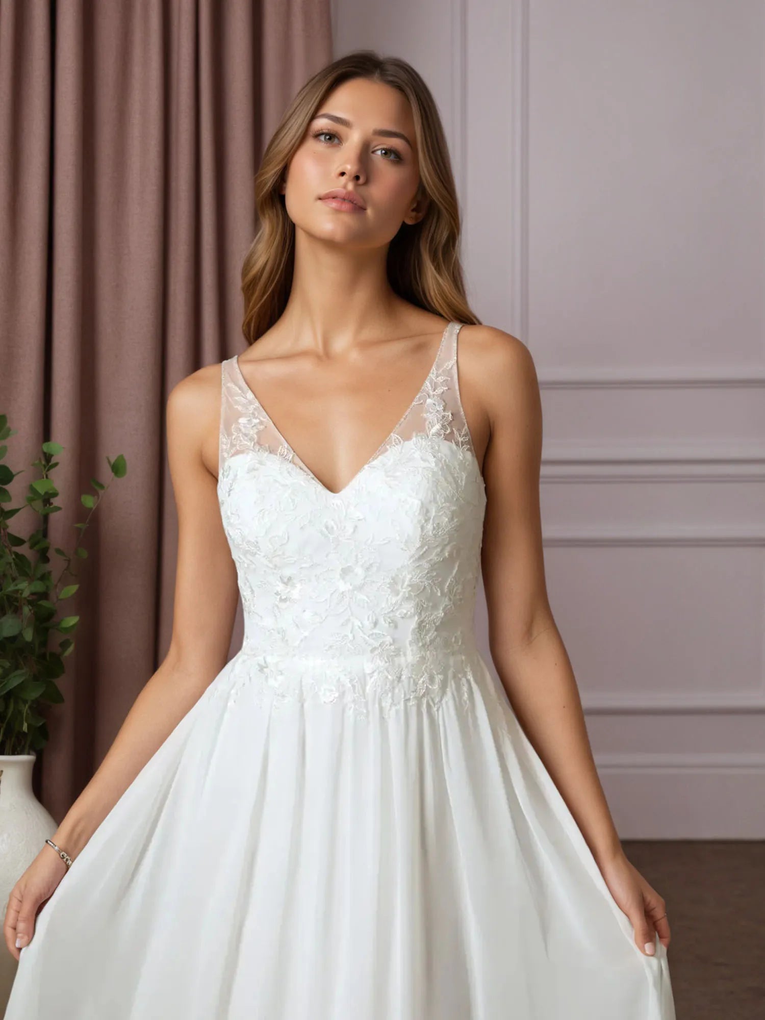 White A-Line Sequins Chiffon Wedding Dress - View 5 | FashionDia