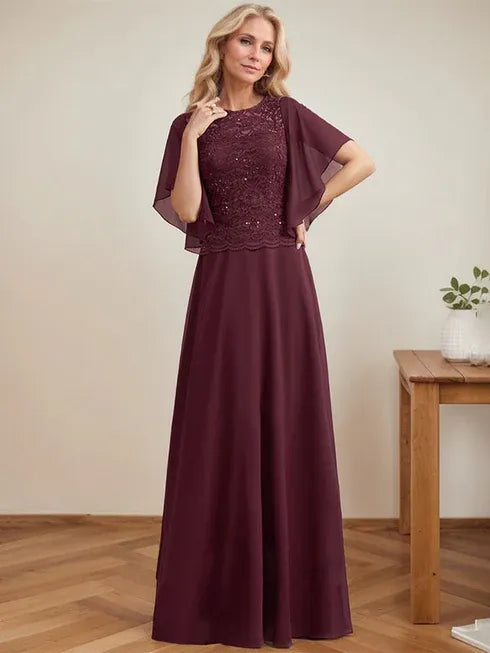 A-line Scoop Illusion Floor-Length Lace Chiffon Mother of the Bride Dress With Sequins - View 3 | FashionDia