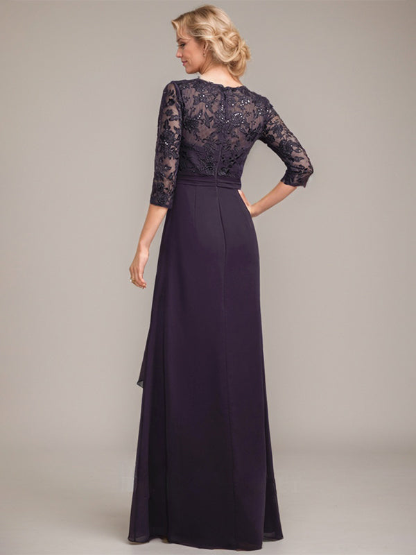 A-line V-Neck Floor-Length Lace Chiffon Mother of the Bride Dress With Cascading Ruffles Sequins - View 2 | FashionDia