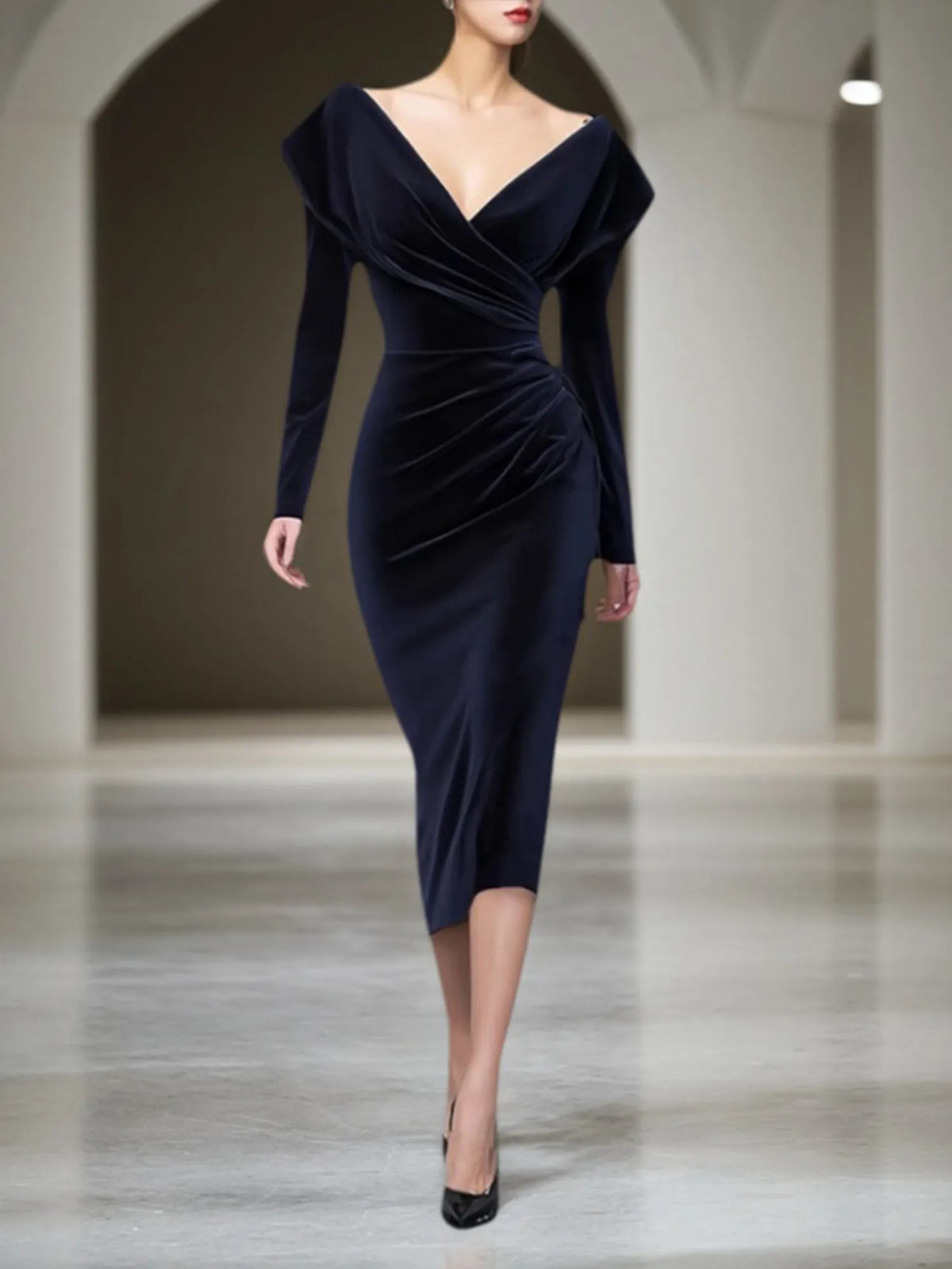 Cocktail Party Dress Navy V-Neck Midi Velvet Mother of the Bride Dress - FashionDia