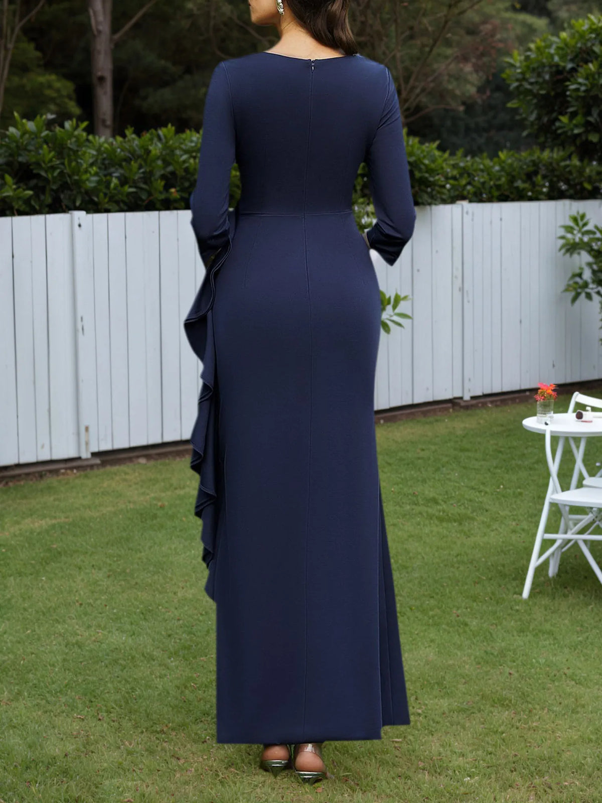 Mother of the Bride Dress Navy V-Neck 3/4 Sleeve Ruffle Maxi Dress - View 2 | FashionDia