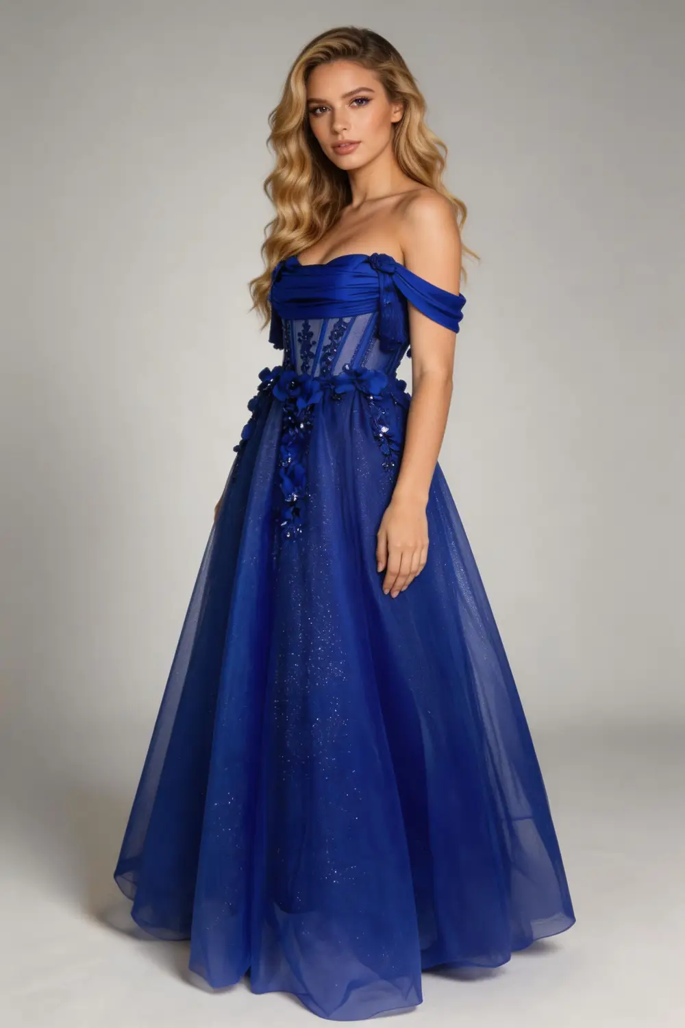 Royal Blue Off Shoulder Corset Ball Gown With 3D Floral Glitter Prom Dress (ZD17138)