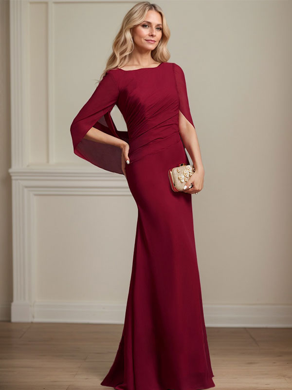 Trumpet/Mermaid Boat Neck Floor-Length Chiffon Mother of the Bride Dress With Pleated - View 3 | FashionDia