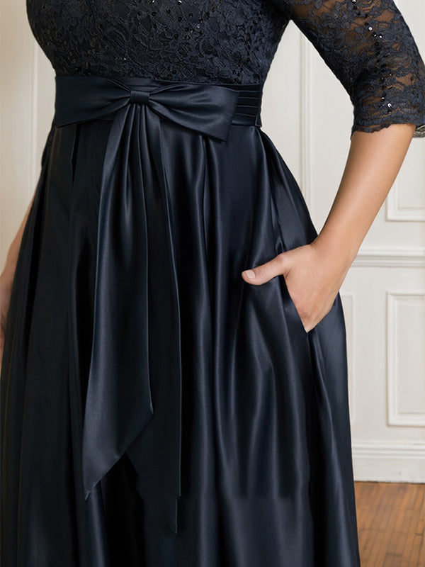 A-line V-Neck Floor-Length Satin Lace Mother of the Bride Dress With Sequins Bow - View 10 | FashionDia