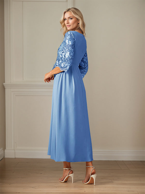 Crew Neck A Line Ruffle Ruched Lace Maxi Dress Mother Of The Bride Dress
