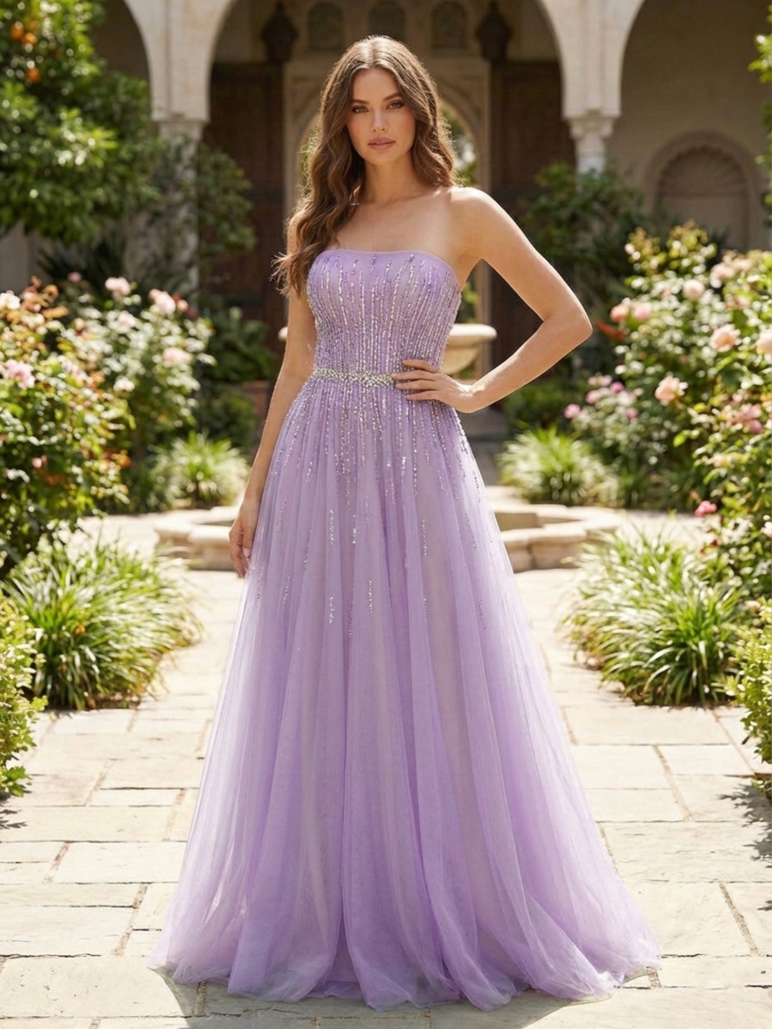 Strapless Beaded Tulle A-Line Long Prom Dress