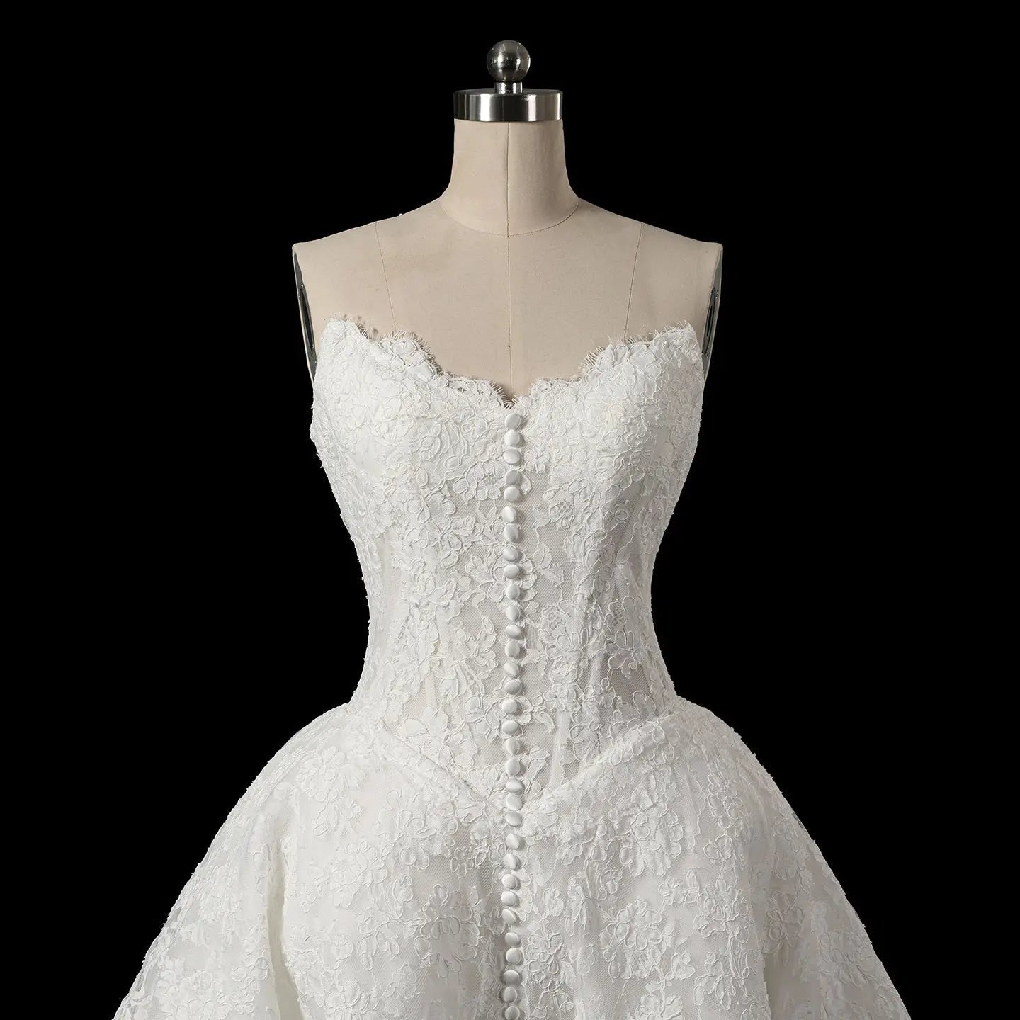 White Floral Lace Strapless Bridal Gown Sweetheart Neckline Front Button Ball Gown ZP011 - View 6 | VelvetHem