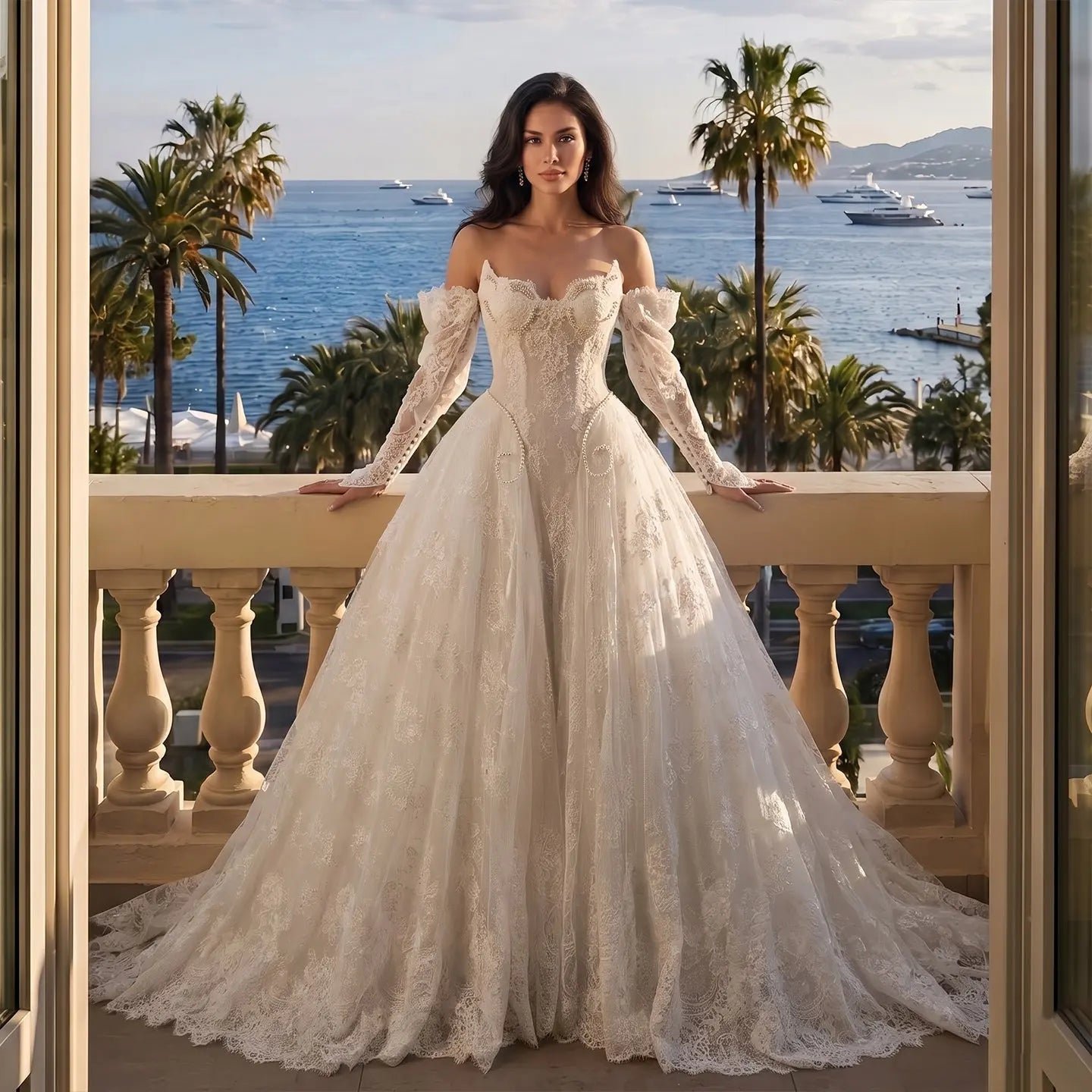 Off White Luxury Ball Gown Wedding Dress Beaded With Veil ZP035